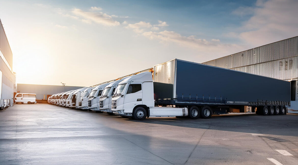 Caminhões de carga prontos para transporte em um armazém.