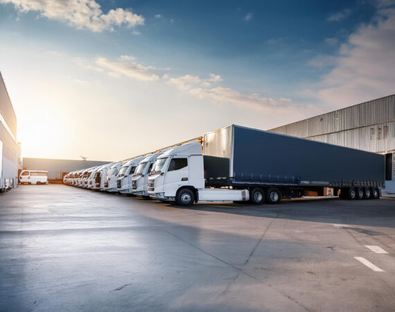 Caminhões de carga prontos para transporte em um armazém.